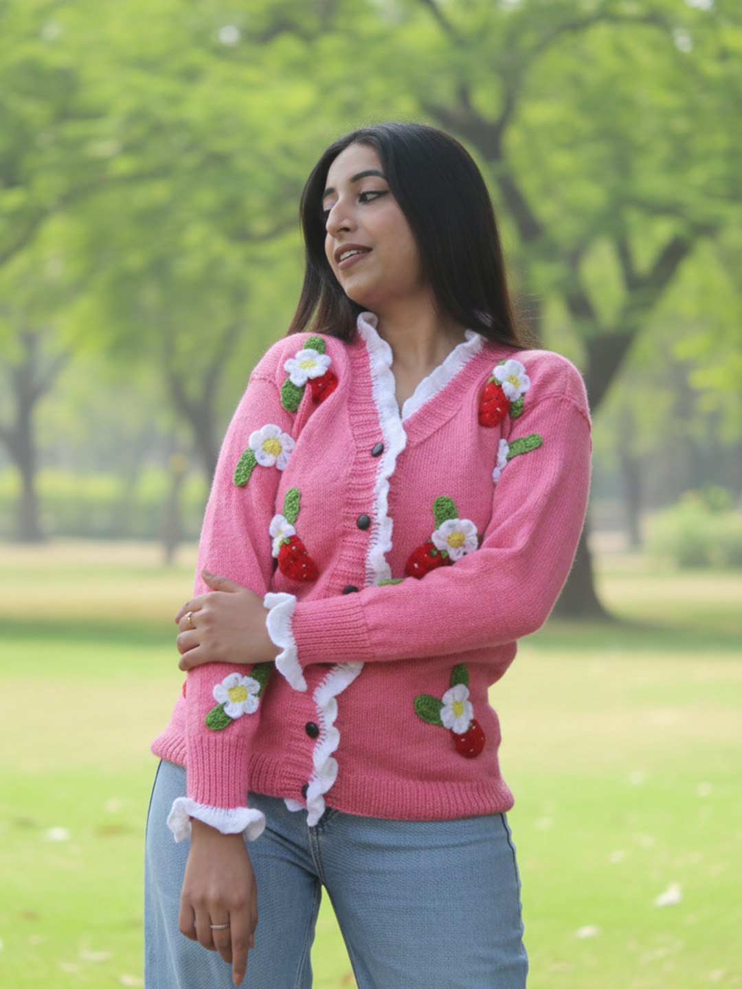 Velvery Floral Applique Long Cardigan - Pink