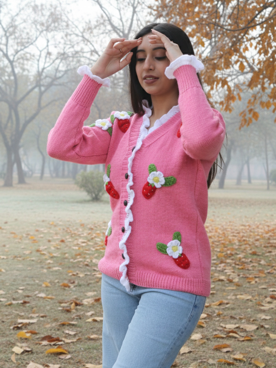 Velvery Floral Applique Long Cardigan - Pink