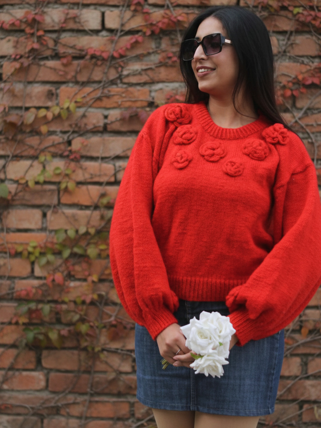 Handmade Knitted Rose Pullover - Red