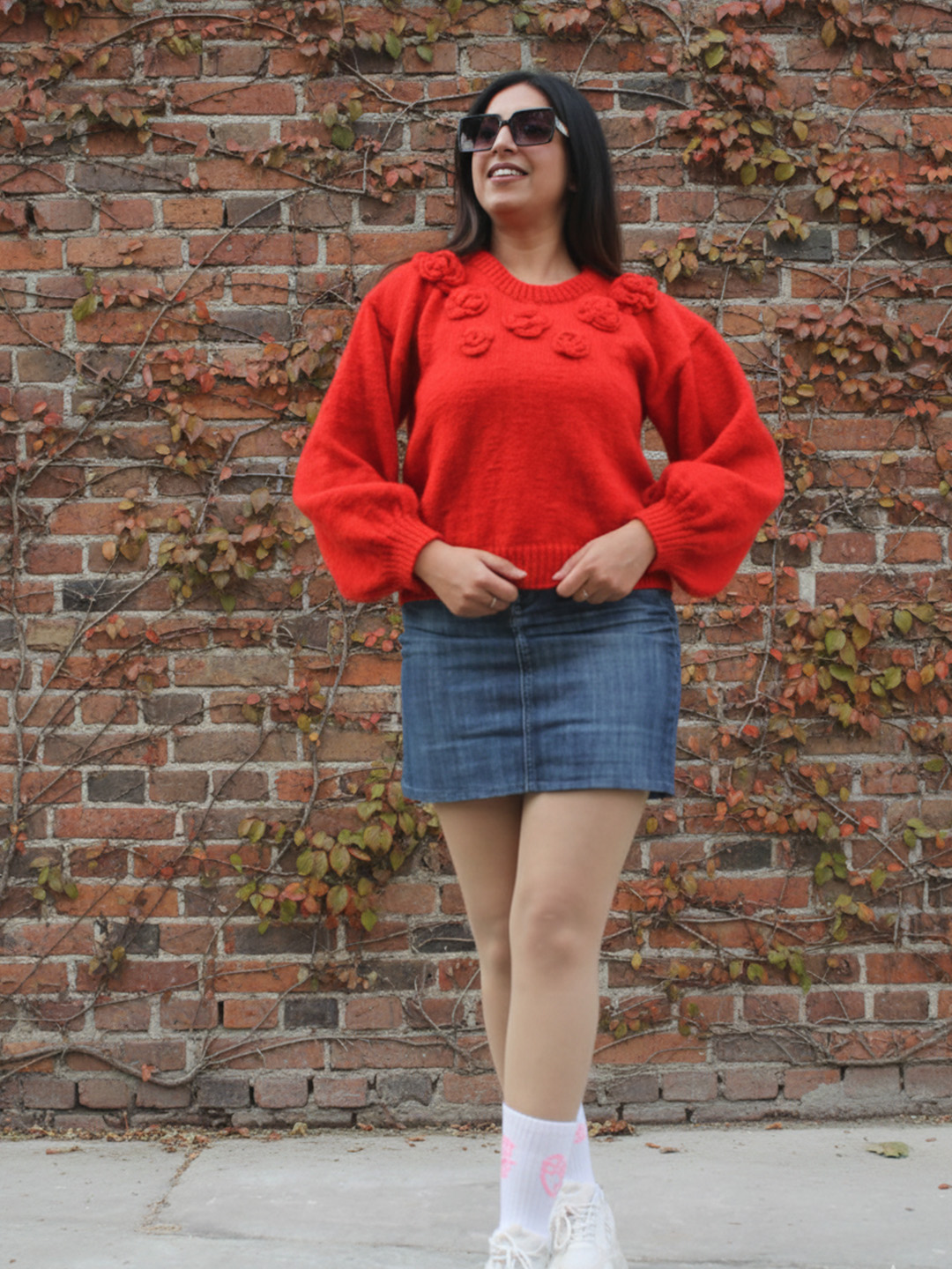 Handmade Knitted Rose Pullover - Red