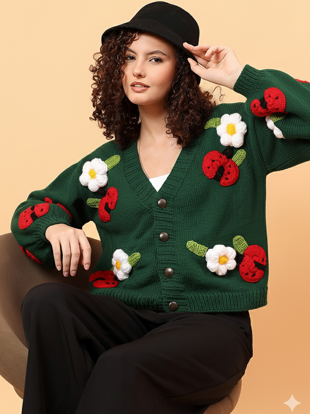 Velvery Floral Ladybug Cardigan - Green