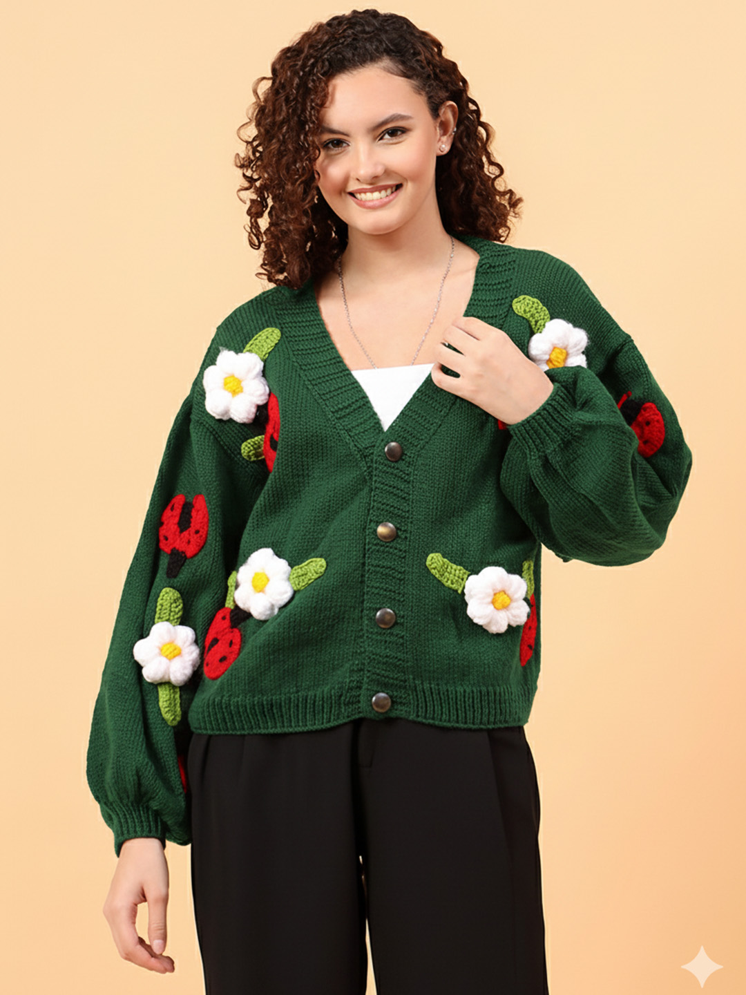 Velvery Floral Ladybug Cardigan - Green