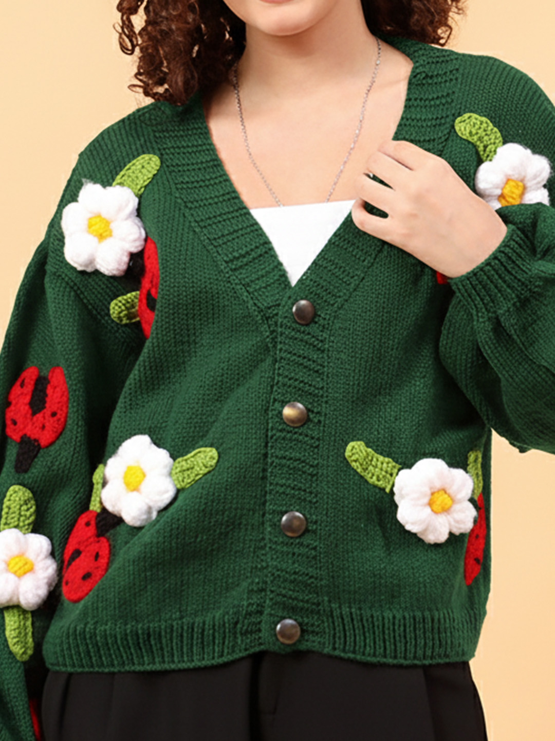 Velvery Floral Ladybug Cardigan - Green