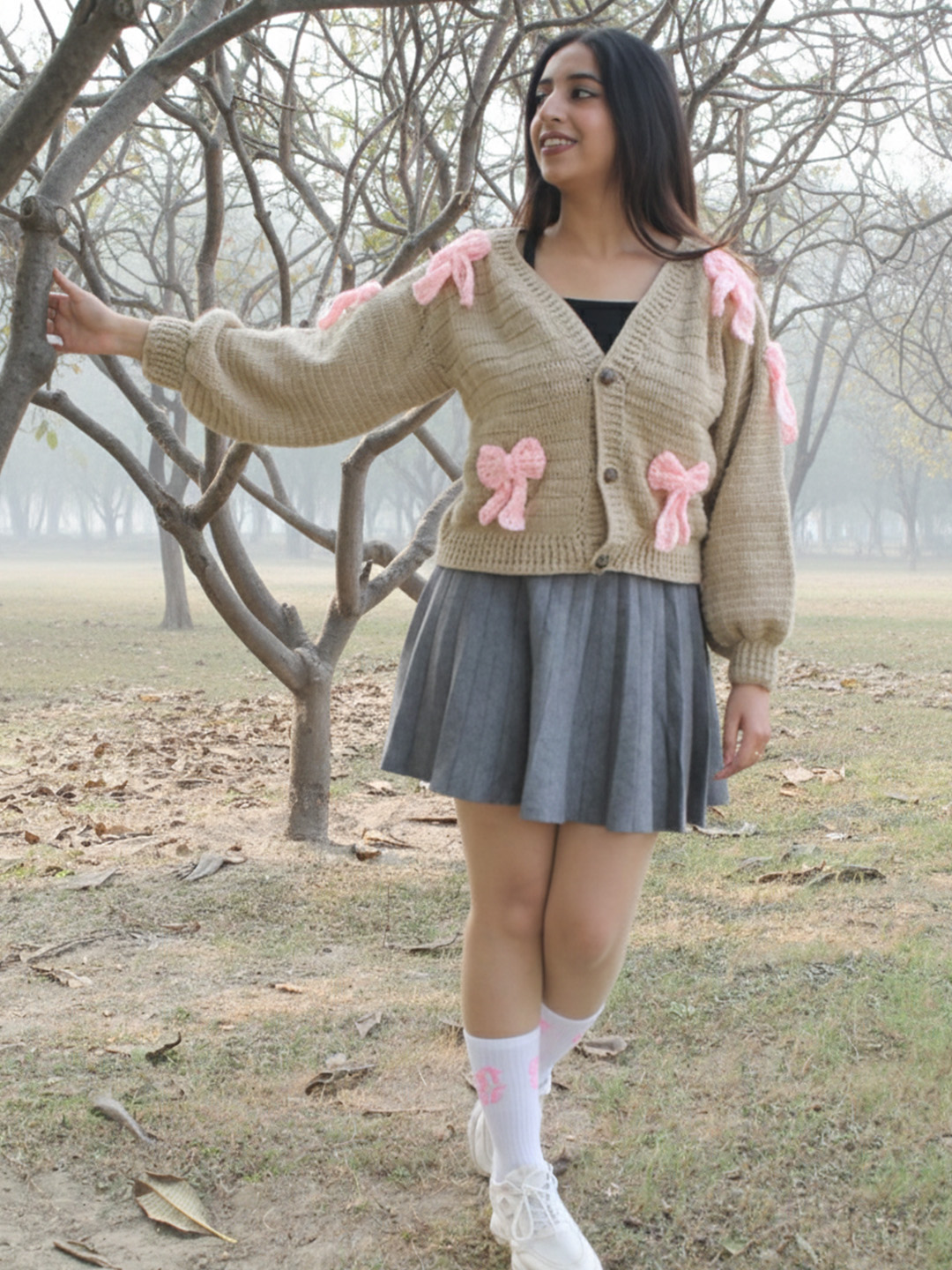 Velvery Bow Detailed Cardigan - Beige