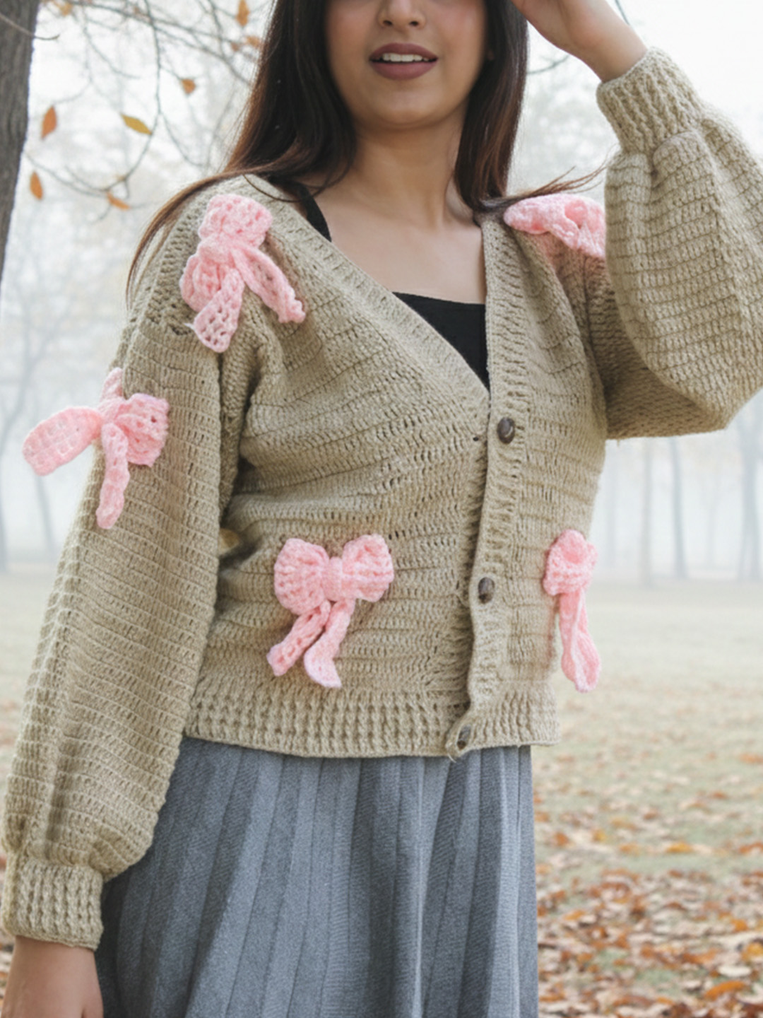 Velvery Bow Detailed Cardigan - Beige