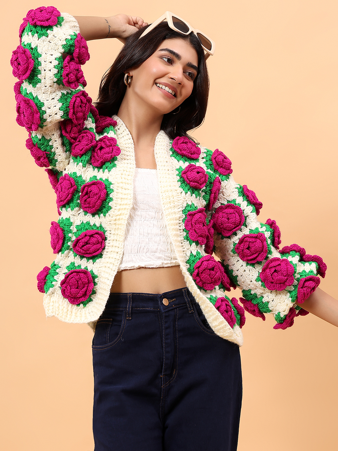 Chunky Knit Rose Cardigan - Cream