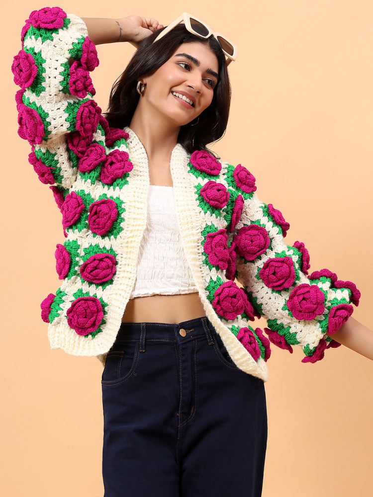 Image of Chunky Knit Rose Cardigan - Cream