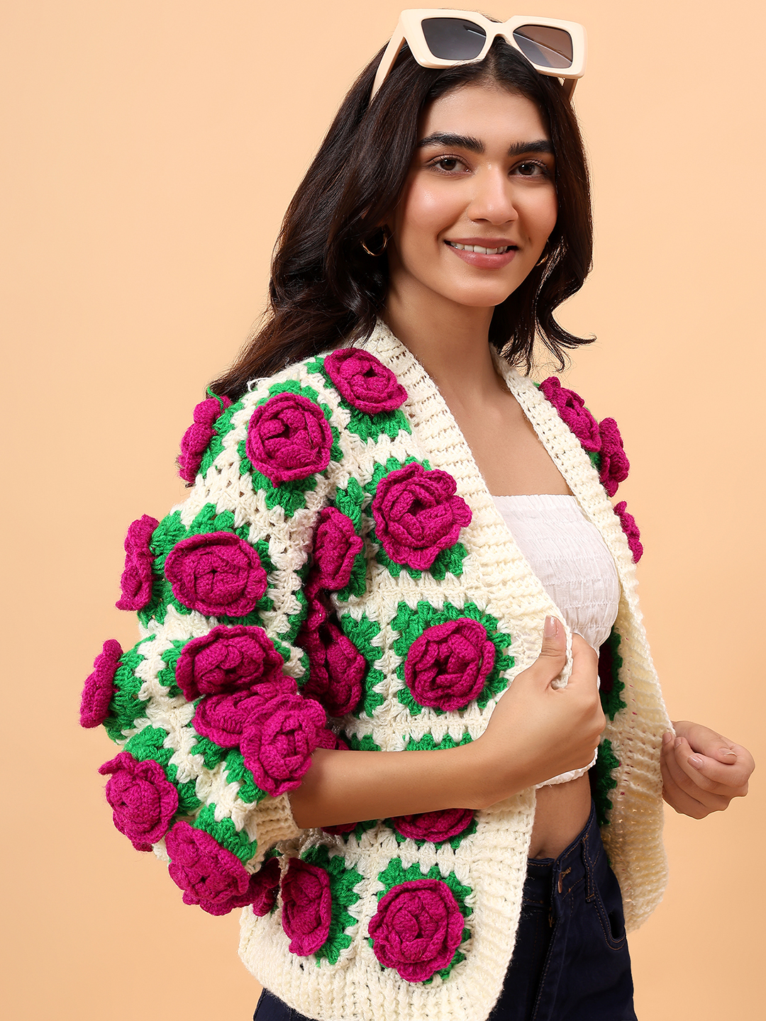 Chunky Knit Rose Cardigan - Cream