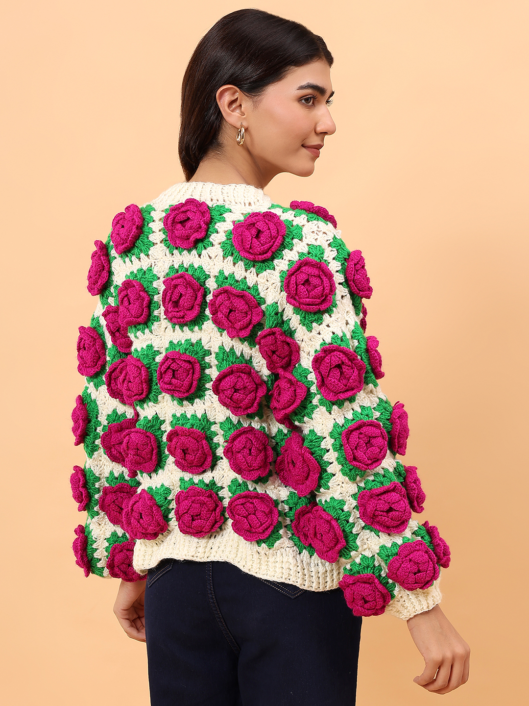 Chunky Knit Rose Cardigan - Cream