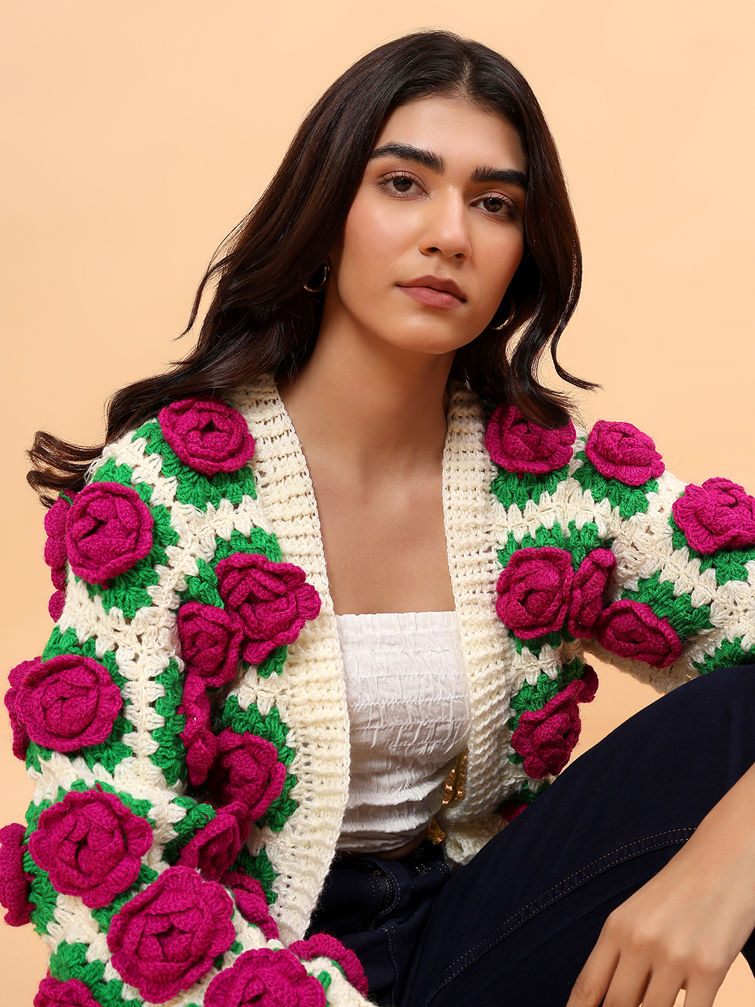 Chunky Knit Rose Cardigan - Cream