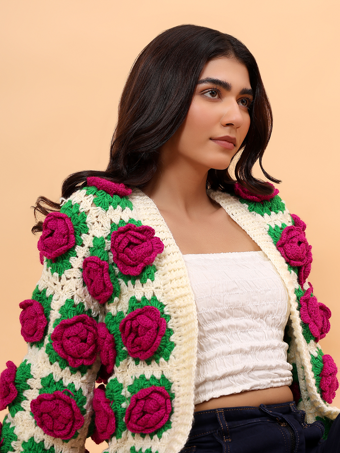 Chunky Knit Rose Cardigan - Cream