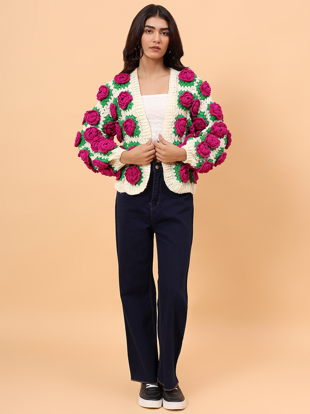 Chunky Knit Rose Cardigan - Cream