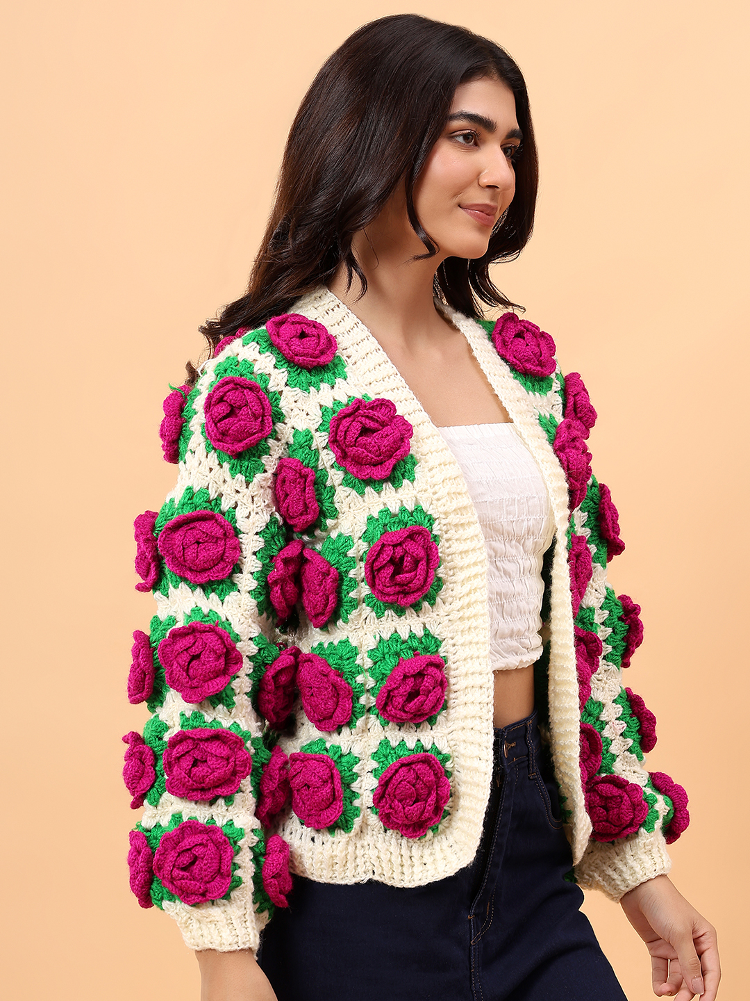 Chunky Knit Rose Cardigan - Cream