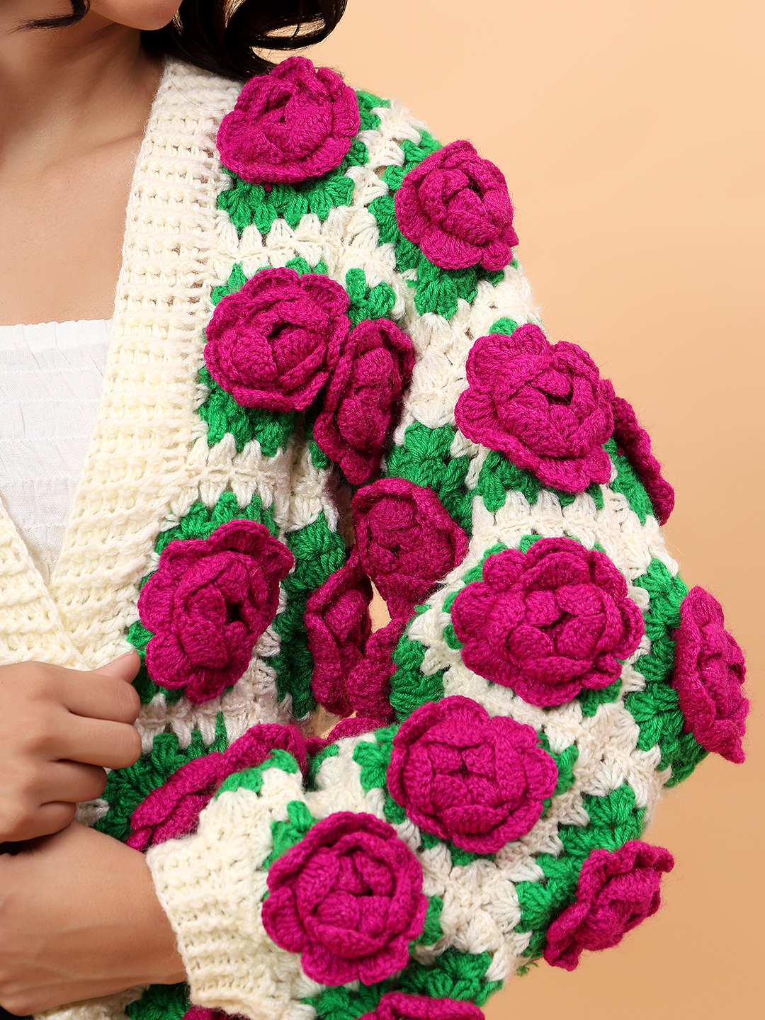 Chunky Knit Rose Cardigan - Cream