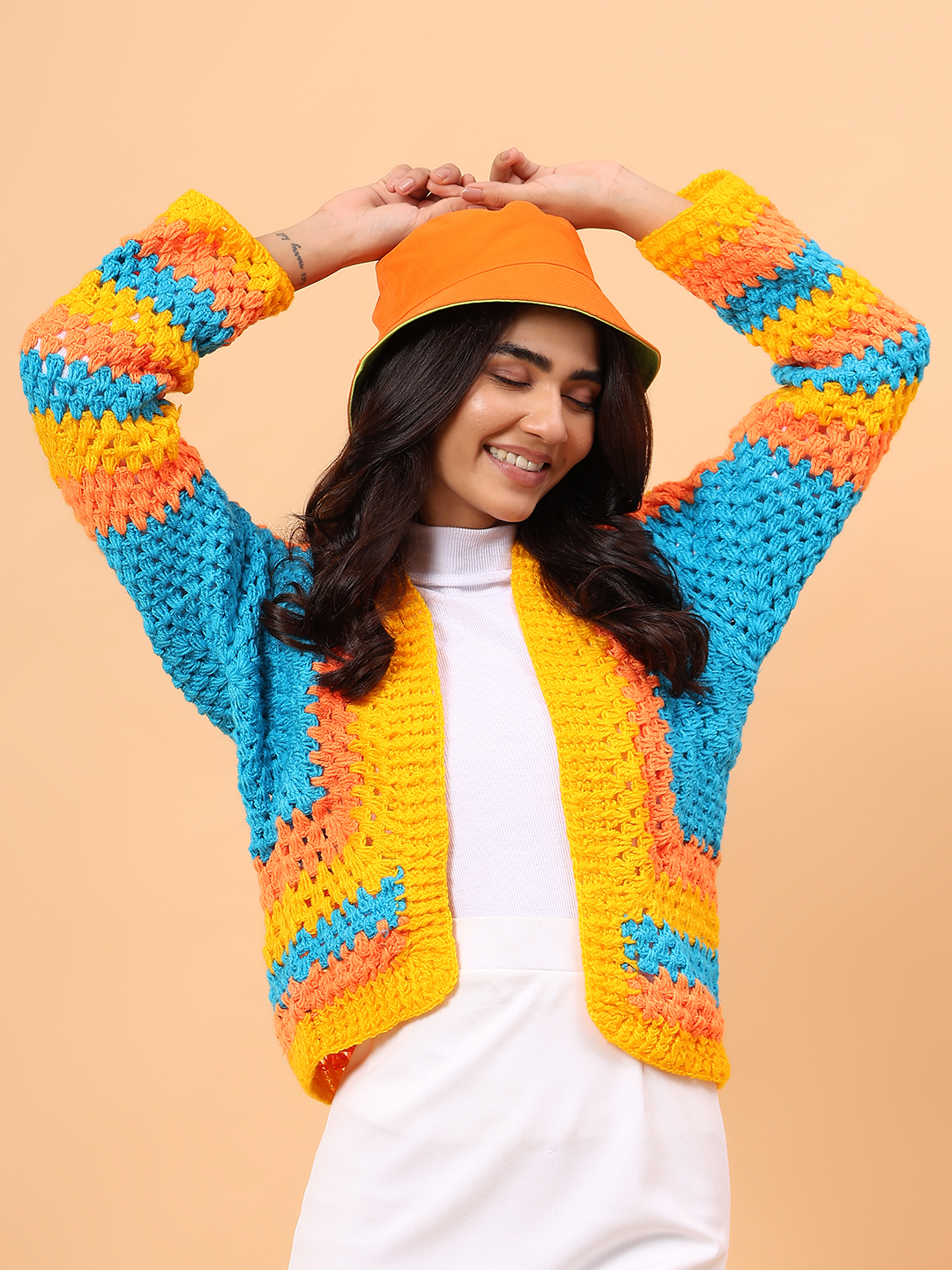 Square Knit Designed Crochet Cardigan - Multicolor