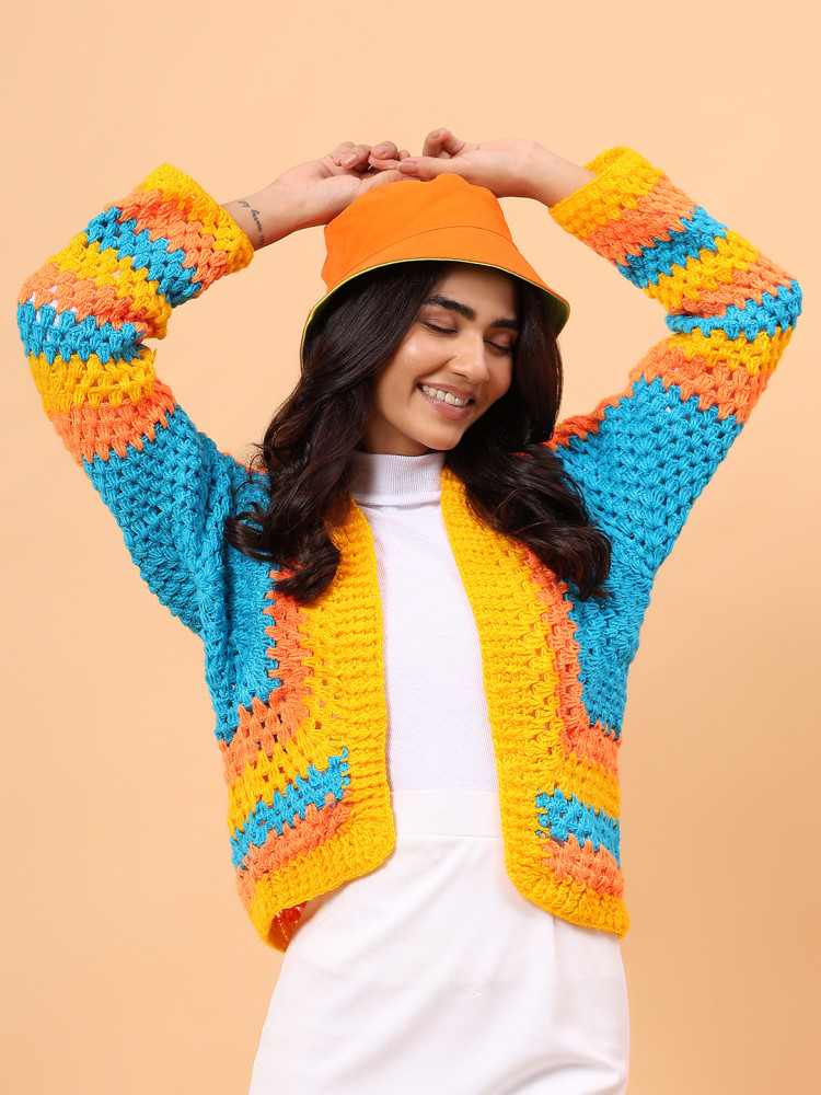 Image of Square Knit Designed Crochet Cardigan - Multicolor