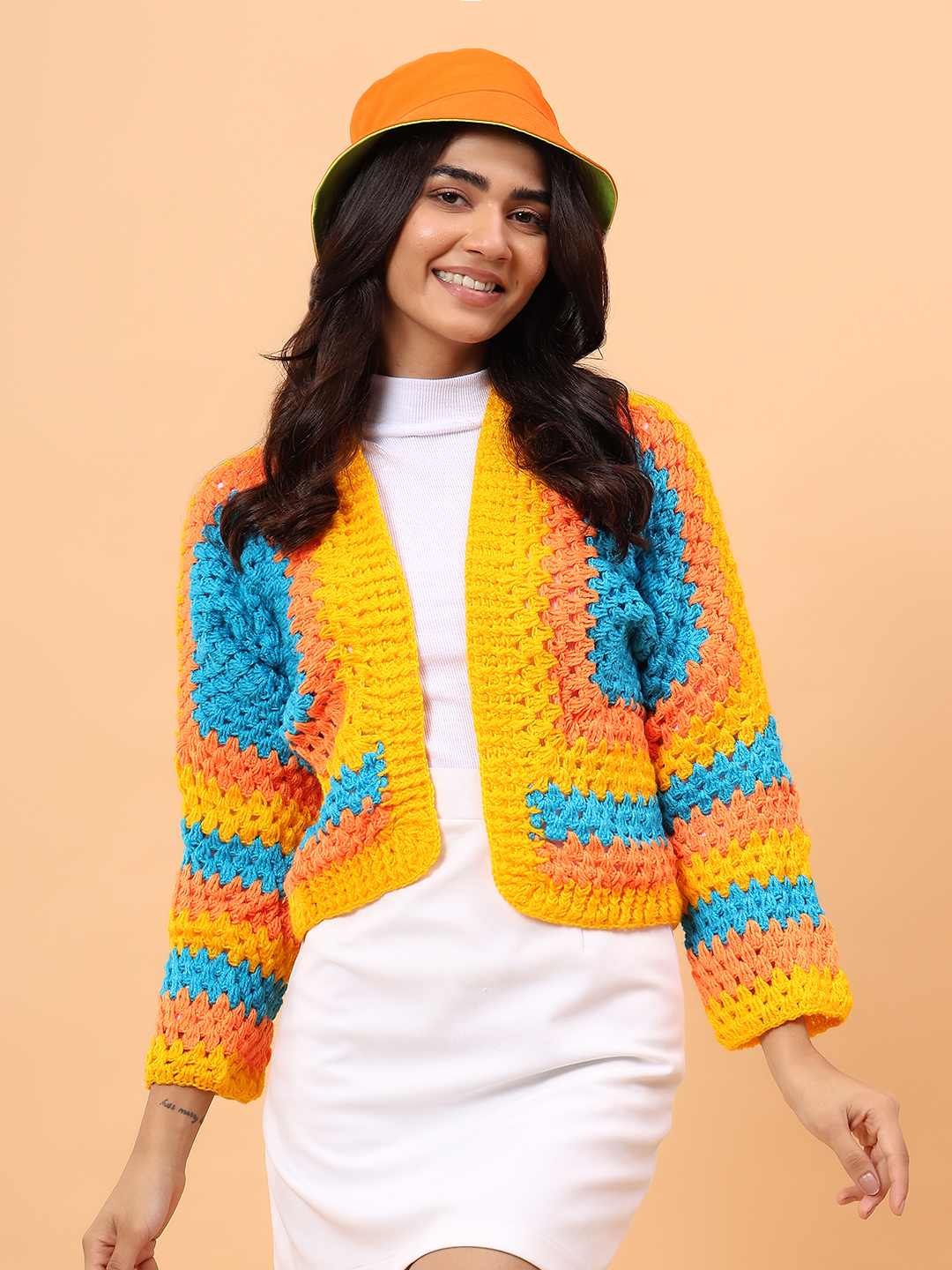 Square Knit Designed Crochet Cardigan - Multicolor