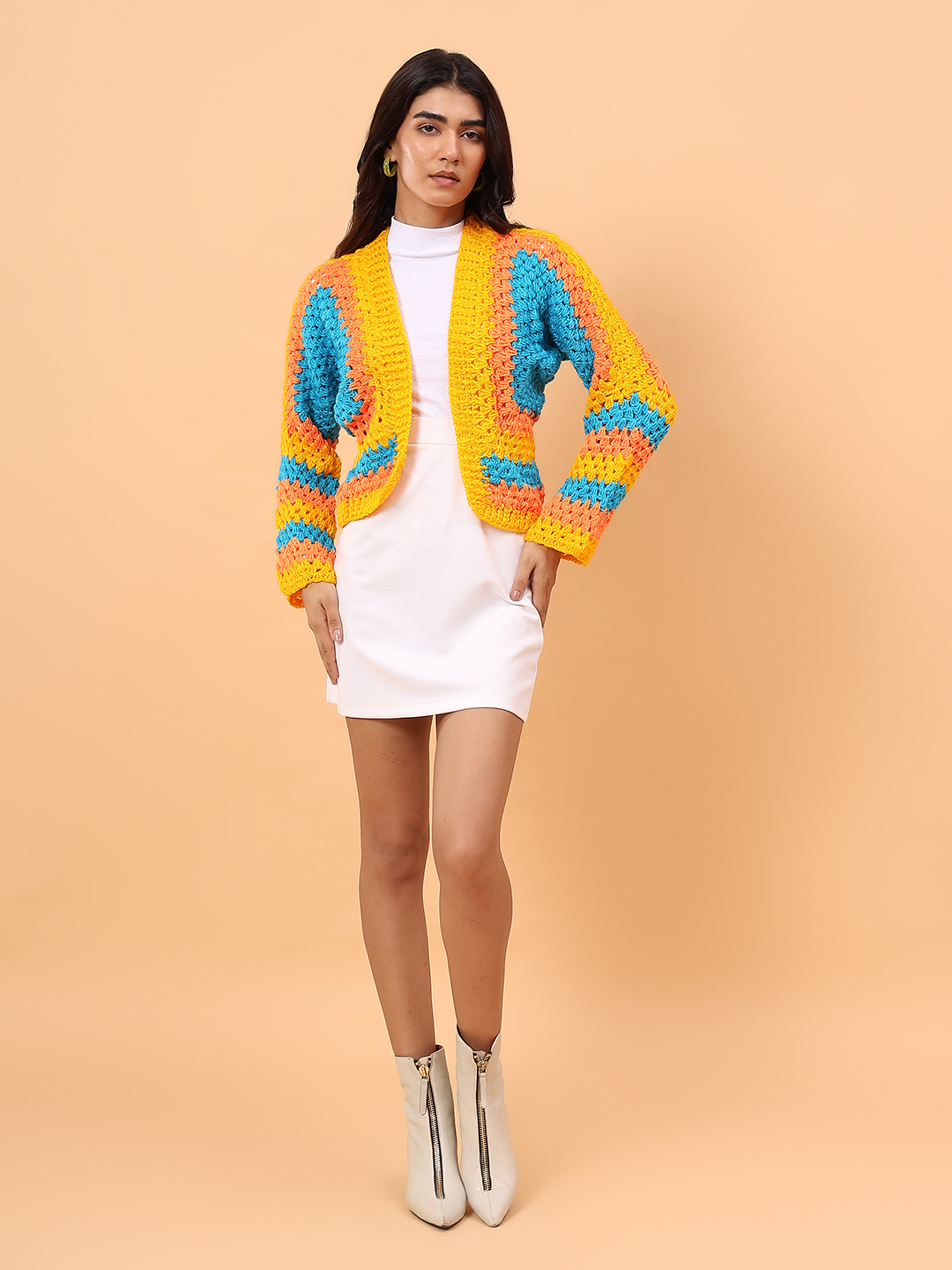 Square Knit Designed Crochet Cardigan - Multicolor