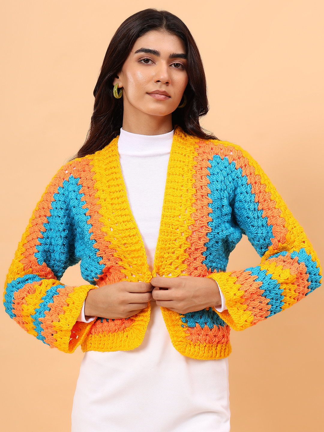 Square Knit Designed Crochet Cardigan - Multicolor