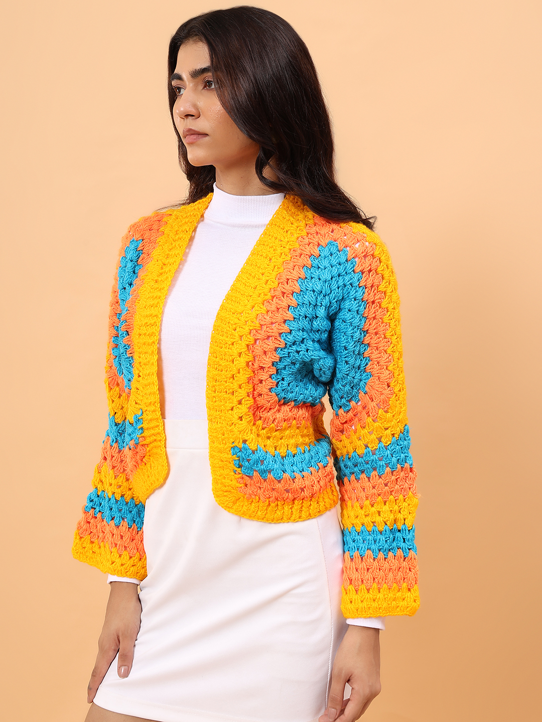 Square Knit Designed Crochet Cardigan - Multicolor