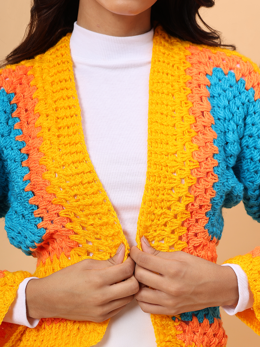 Square Knit Designed Crochet Cardigan - Multicolor