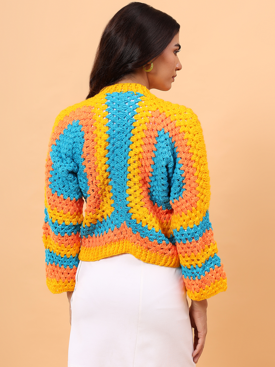 Square Knit Designed Crochet Cardigan - Multicolor