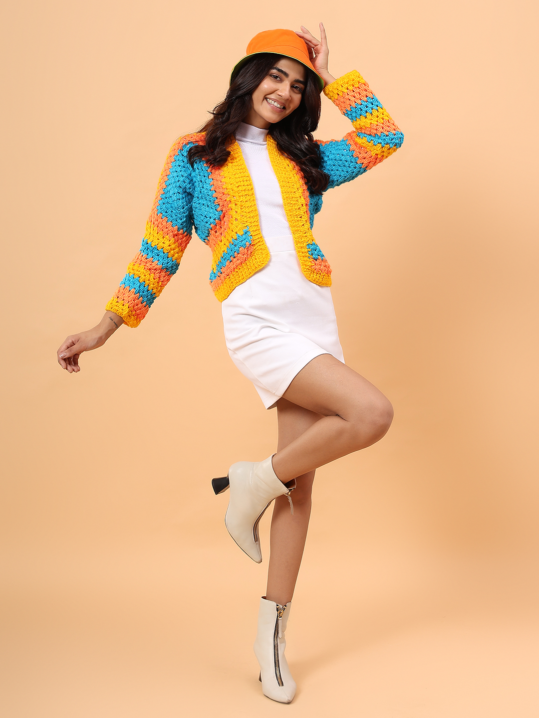 Square Knit Designed Crochet Cardigan - Multicolor