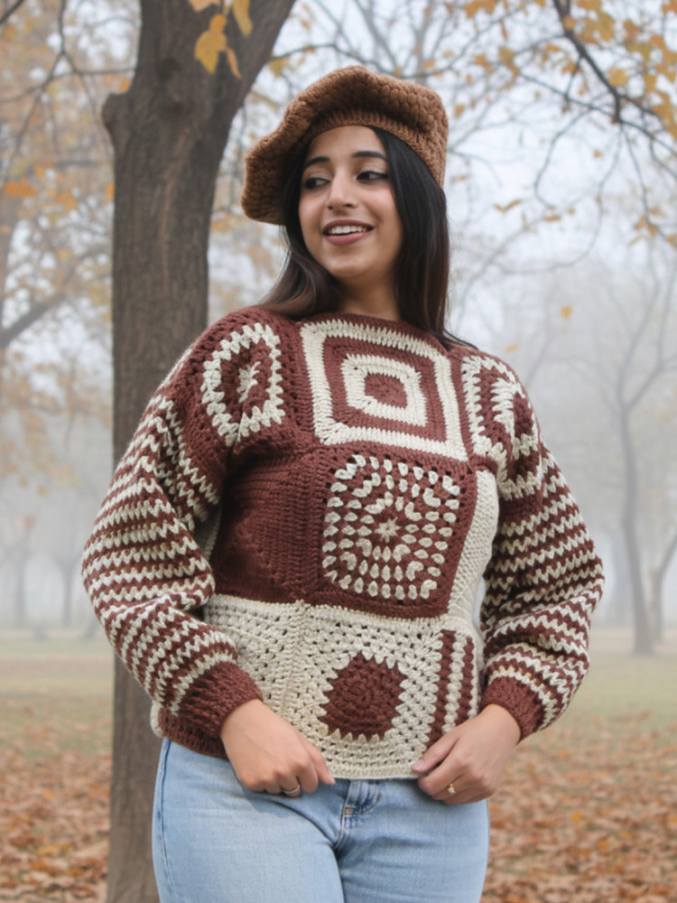Image of Velvery Crochet Granny Square Pullover Sweater - Brown