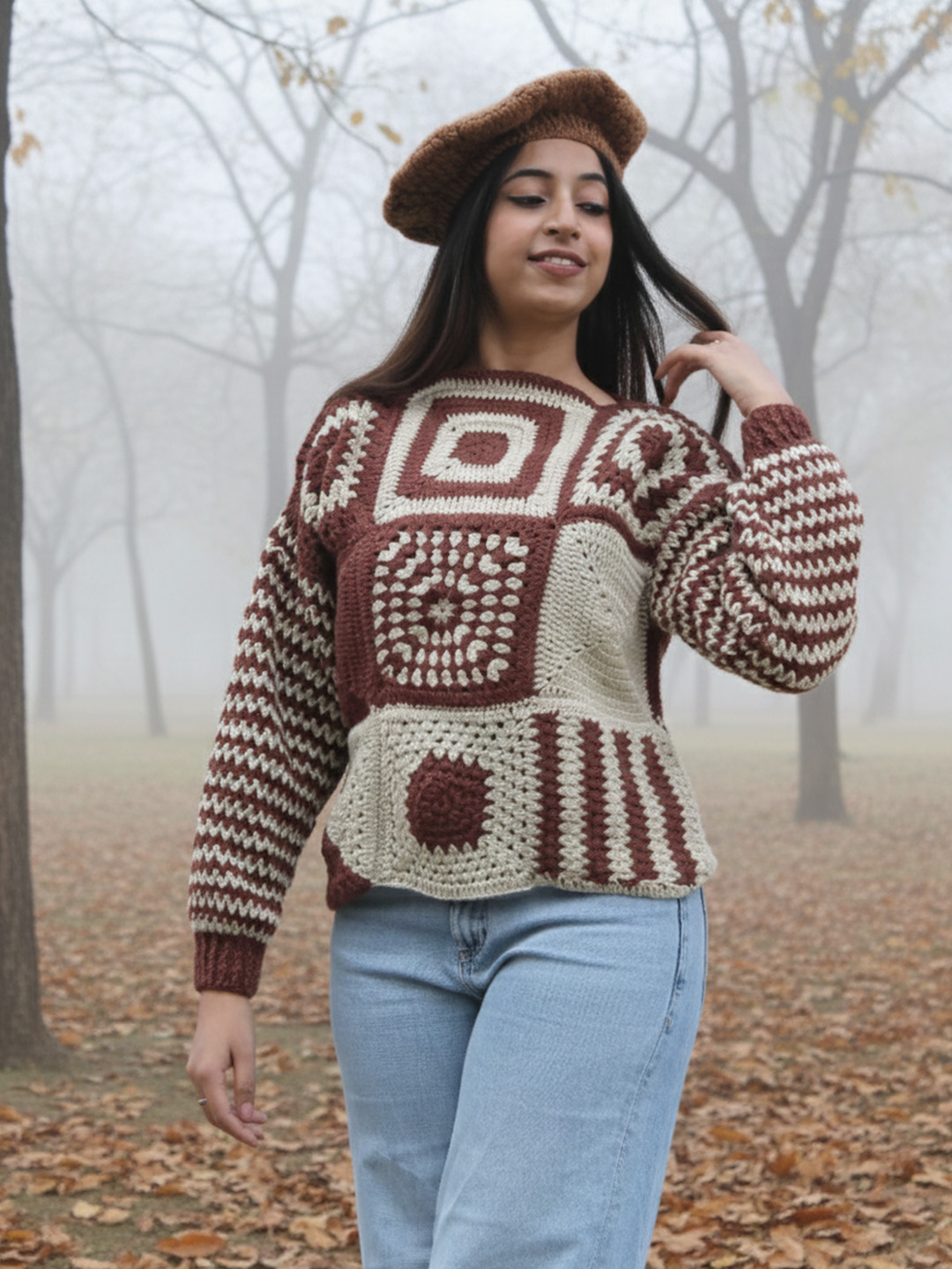Velvery Crochet Granny Square Pullover Sweater - Brown