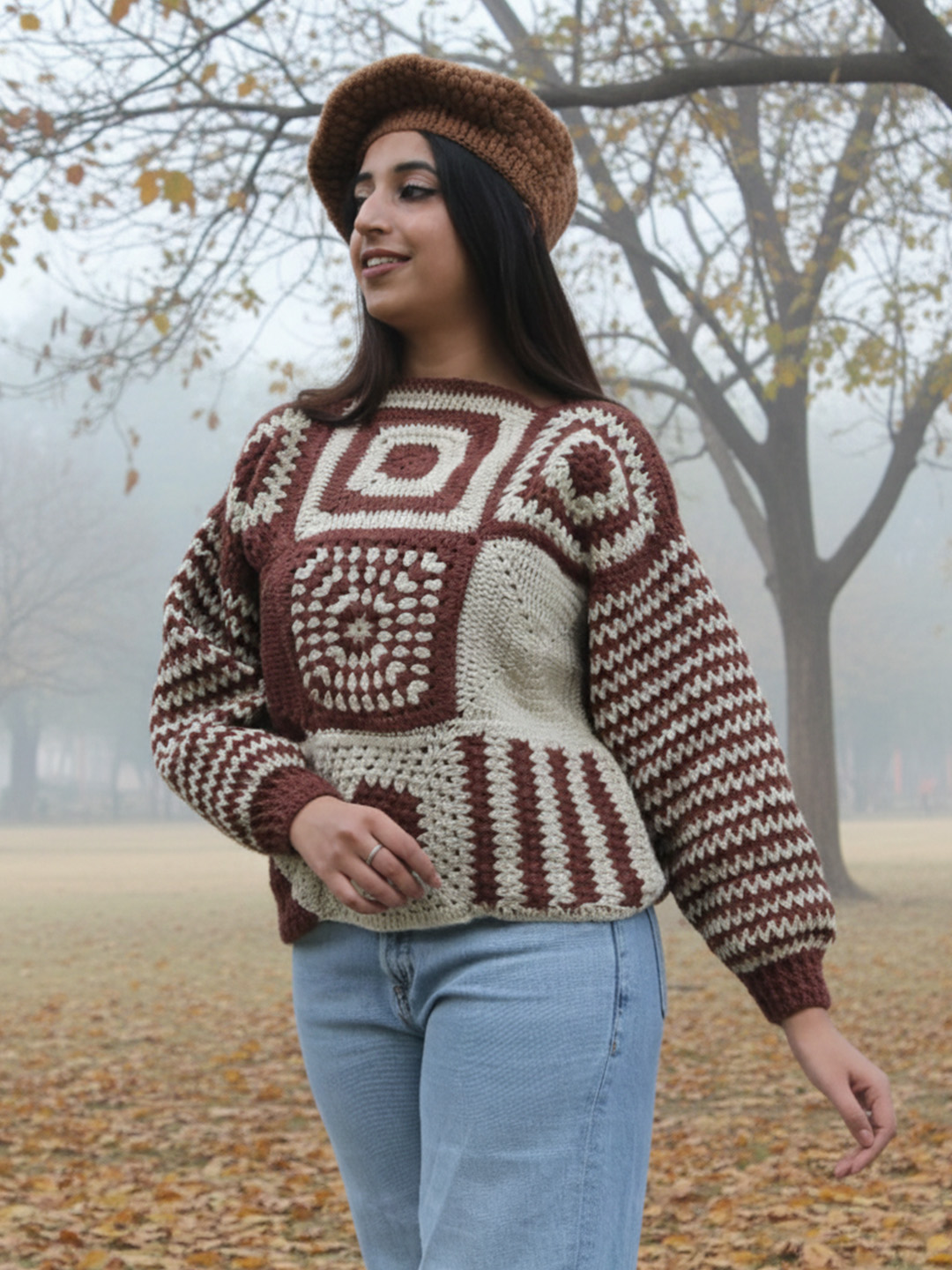 Velvery Crochet Granny Square Pullover Sweater - Brown