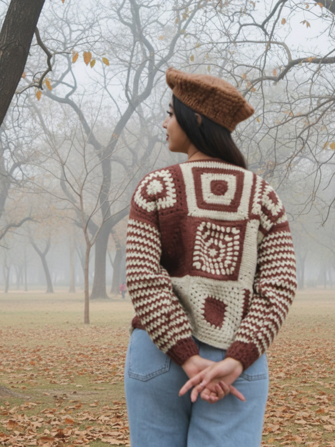 Velvery Crochet Granny Square Pullover Sweater - Brown