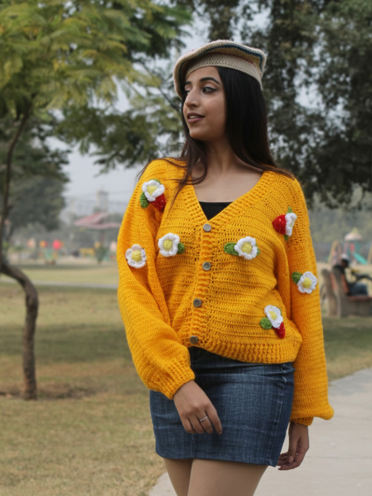 Image of Velvery Crochet Floral Applique Cardigan - Yellow