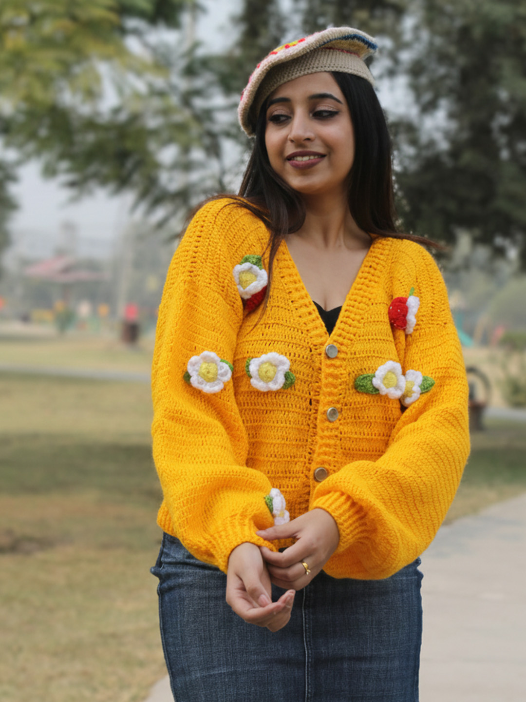 Velvery Crochet Floral Applique Cardigan - Yellow