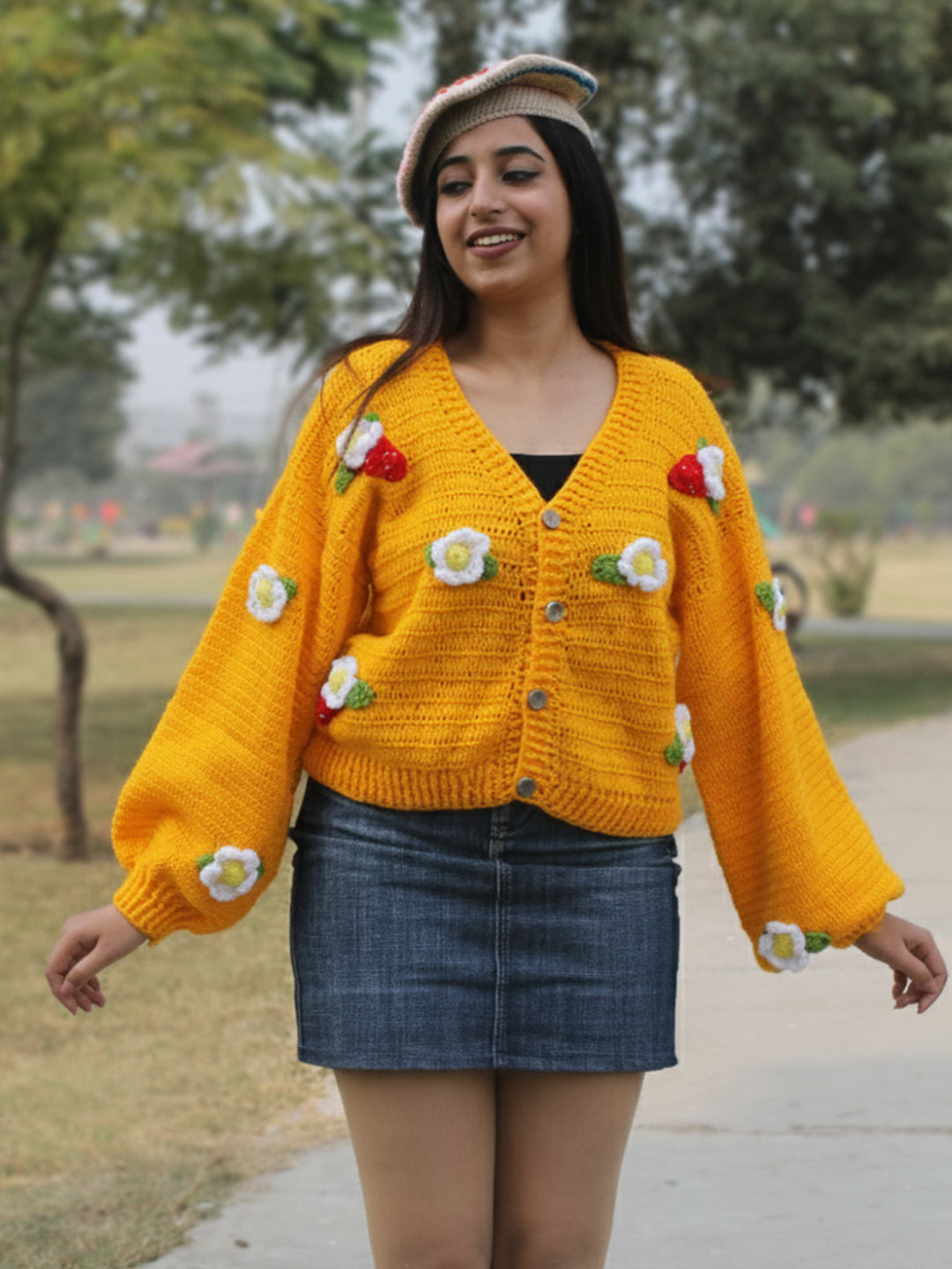 Velvery Crochet Floral Applique Cardigan - Yellow