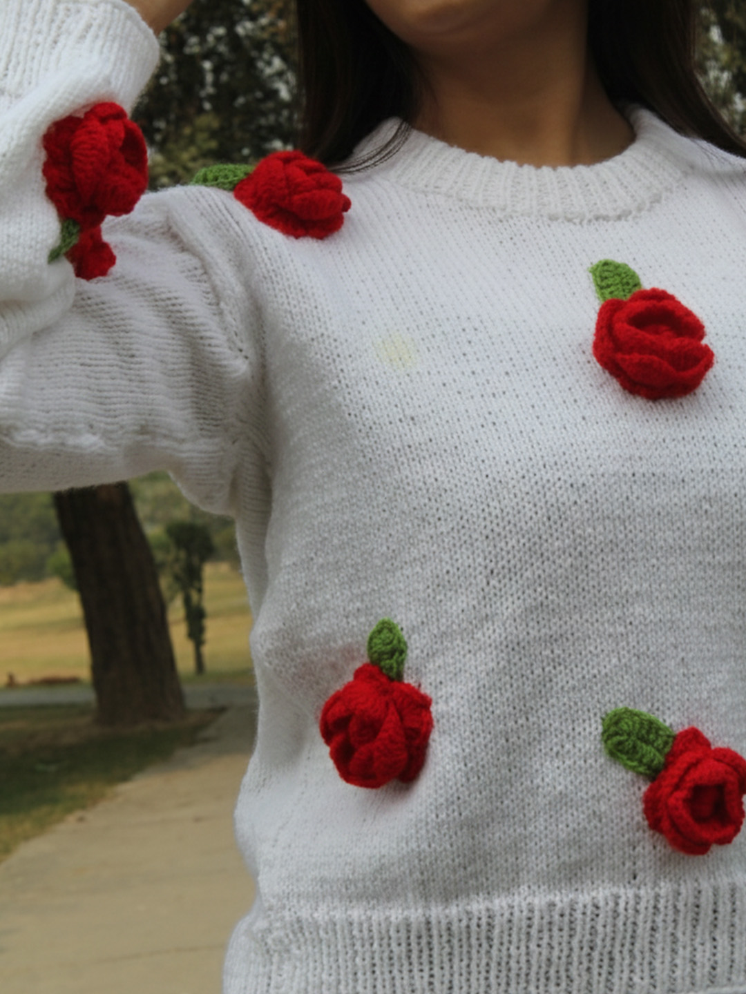 Velvery Crochet Rose Detailed Pullover Sweater - White