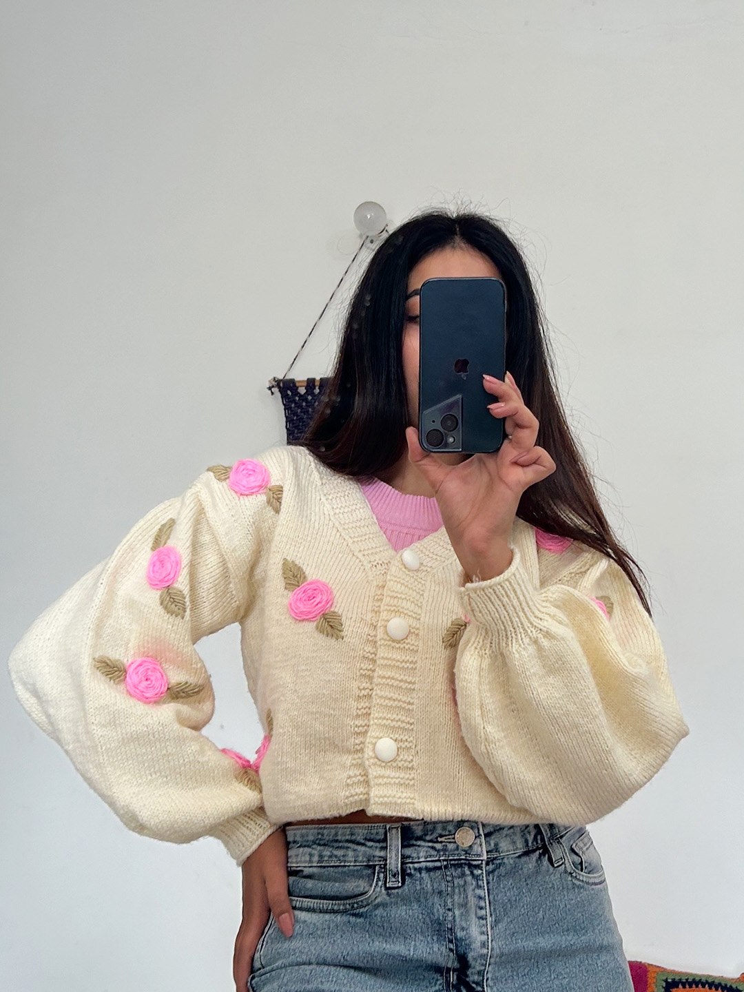 Rose Embroidered Chunky Knit Cardigan