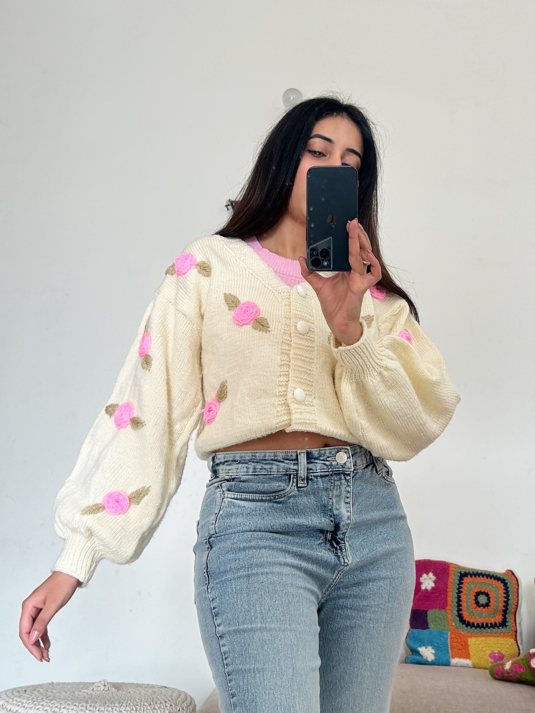 Rose Embroidered Chunky Knit Cardigan