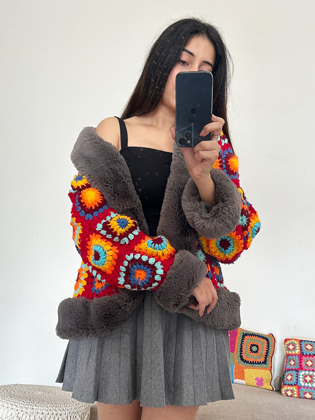 Crochet Cardigan with Faux Fur Detailing