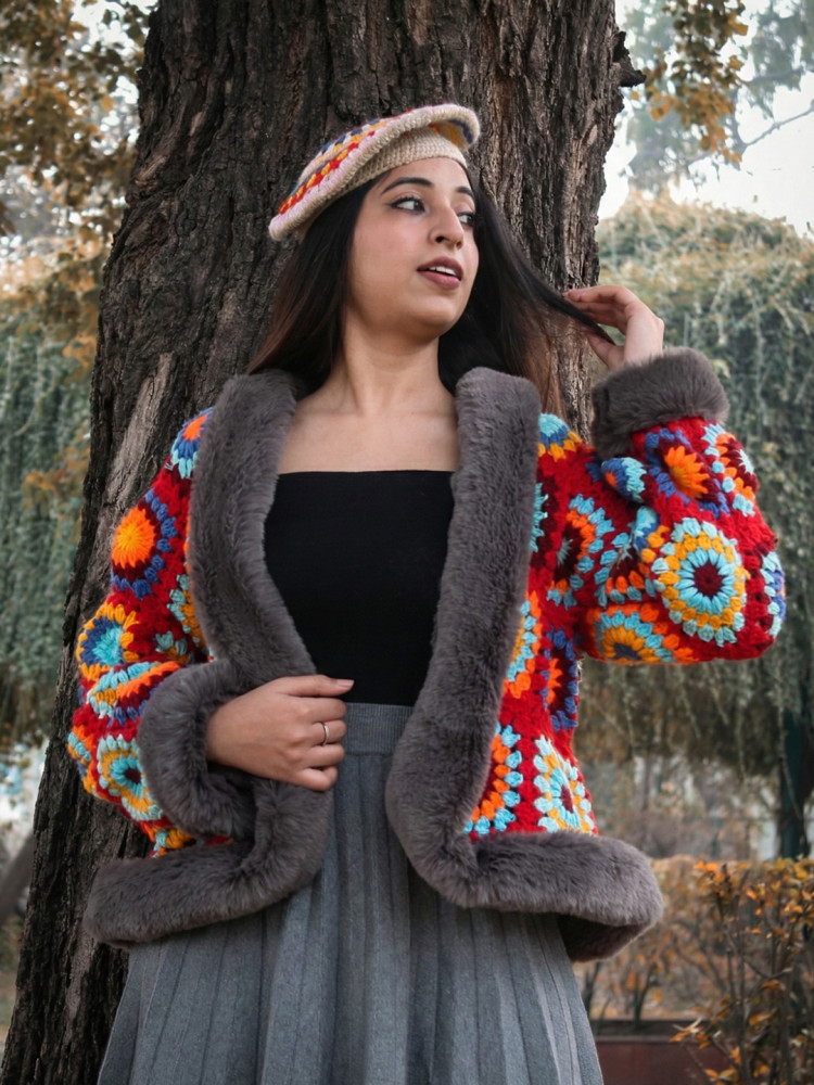 Image of Velvery Crochet Cardigan with Faux Fur Detailing - Multicolor