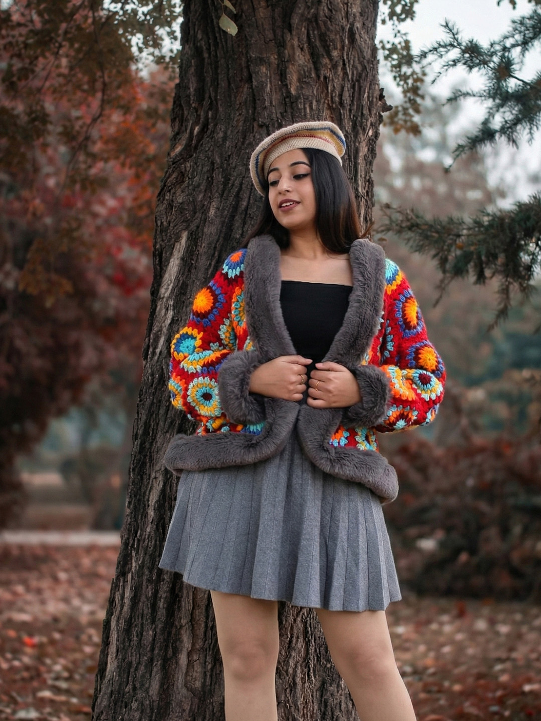 Velvery Crochet Cardigan with Faux Fur Detailing - Multicolor