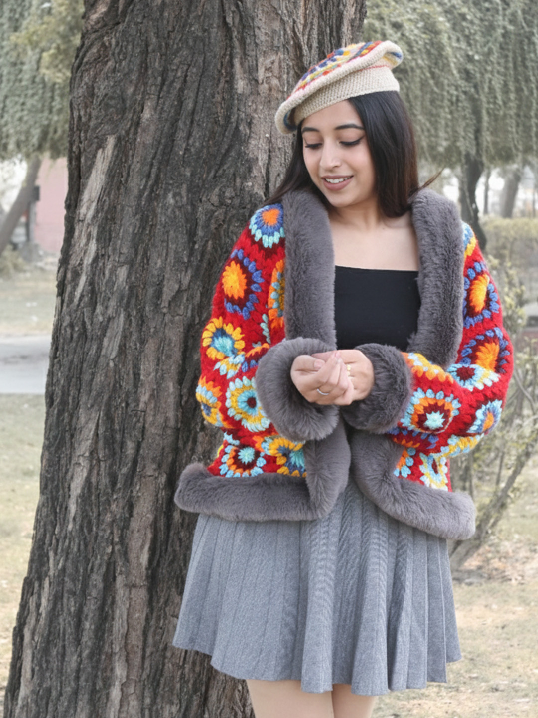 Velvery Crochet Cardigan with Faux Fur Detailing - Multicolor