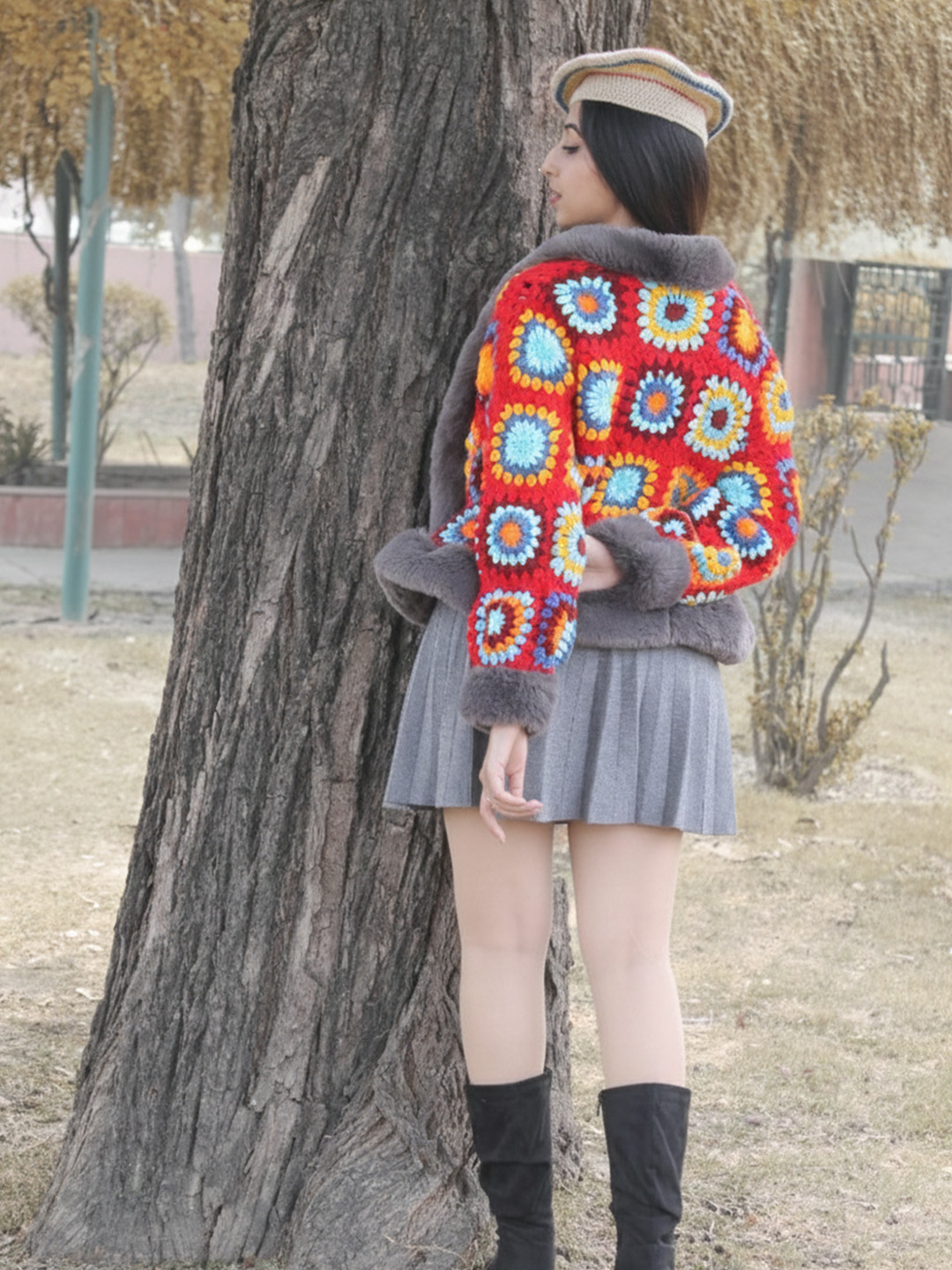 Velvery Crochet Cardigan with Faux Fur Detailing - Multicolor