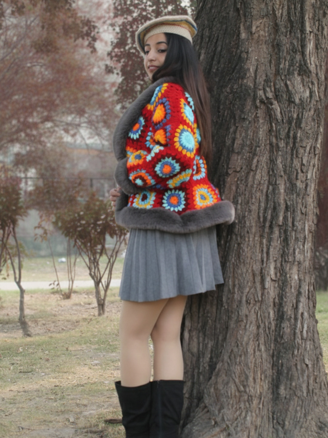 Velvery Crochet Cardigan with Faux Fur Detailing - Multicolor