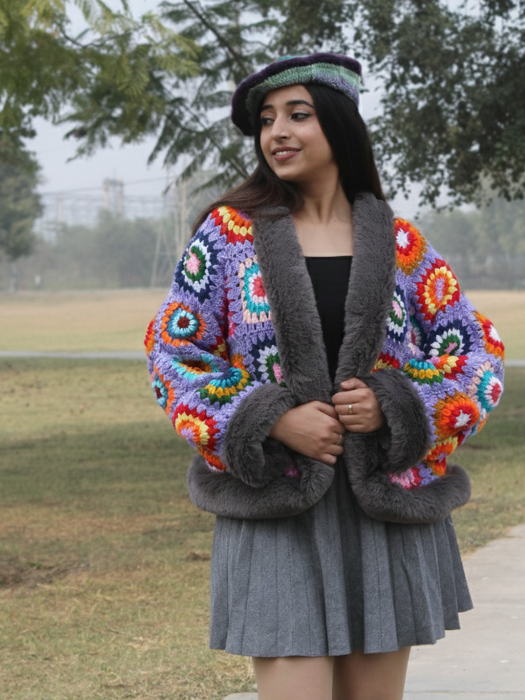 Velvery Crochet Cardigan with Faux Fur Detailing - Purple