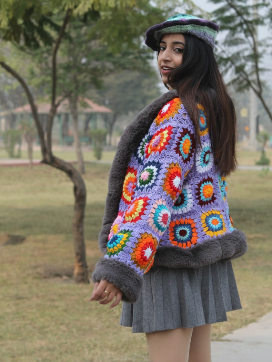 Velvery Crochet Cardigan with Faux Fur Detailing - Purple