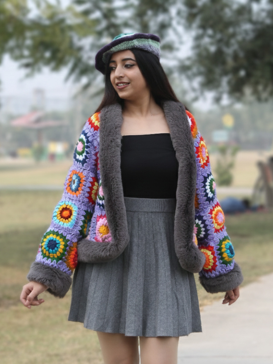 Velvery Crochet Cardigan with Faux Fur Detailing - Purple