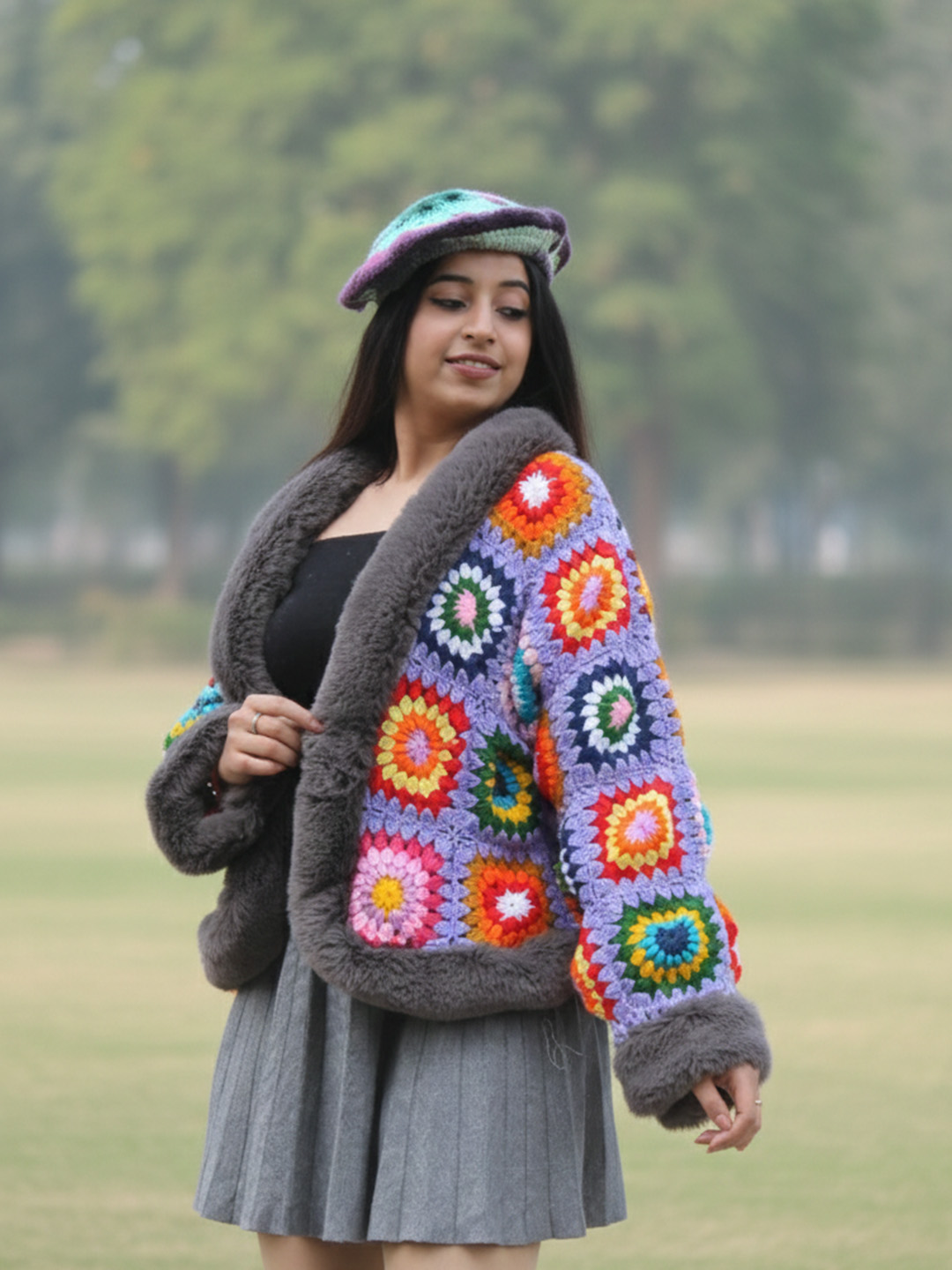 Velvery Crochet Cardigan with Faux Fur Detailing - Purple