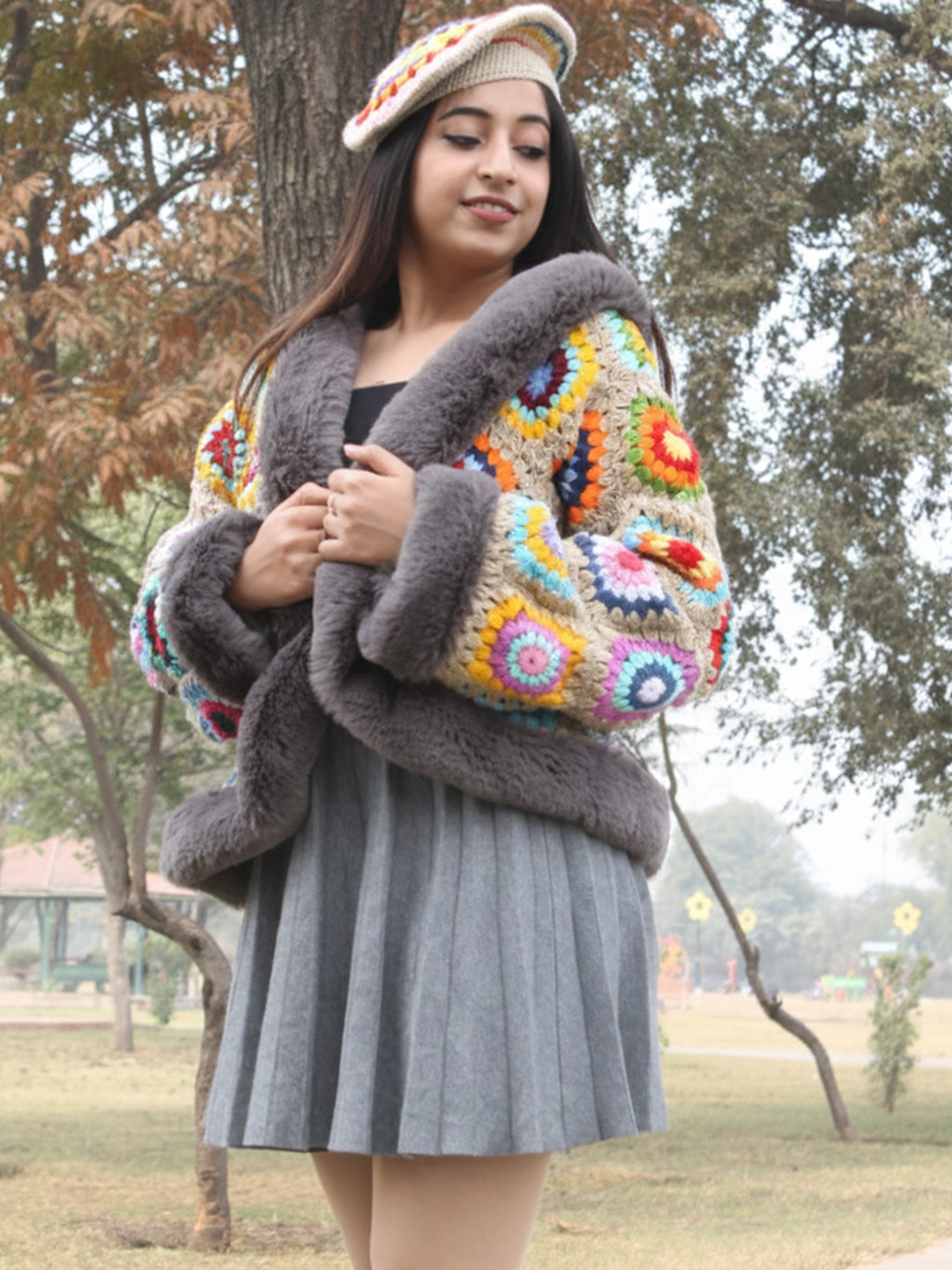 Velvery Crochet Cardigan with Faux Fur Detailing - Beige