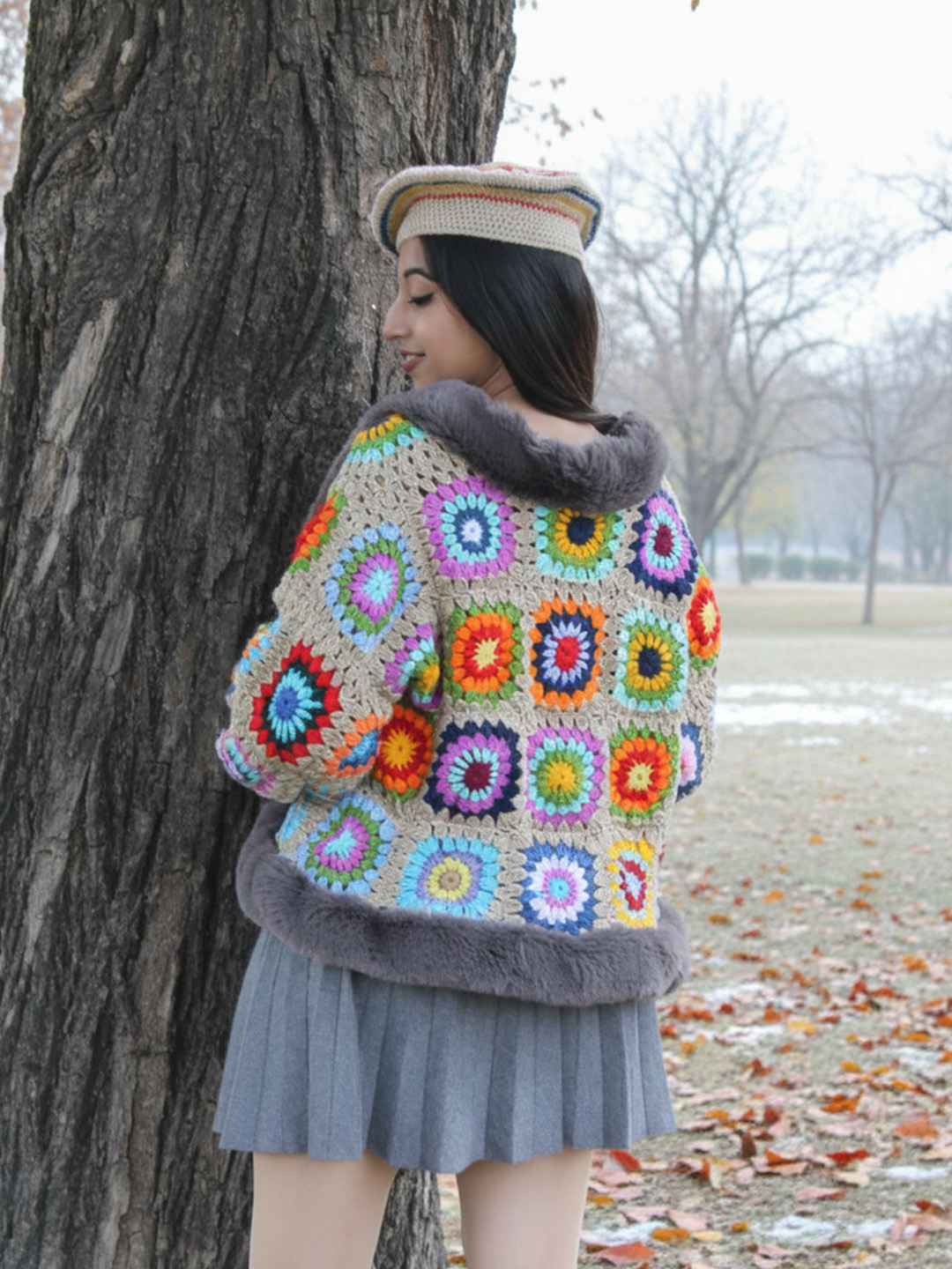 Velvery Crochet Cardigan with Faux Fur Detailing - Beige