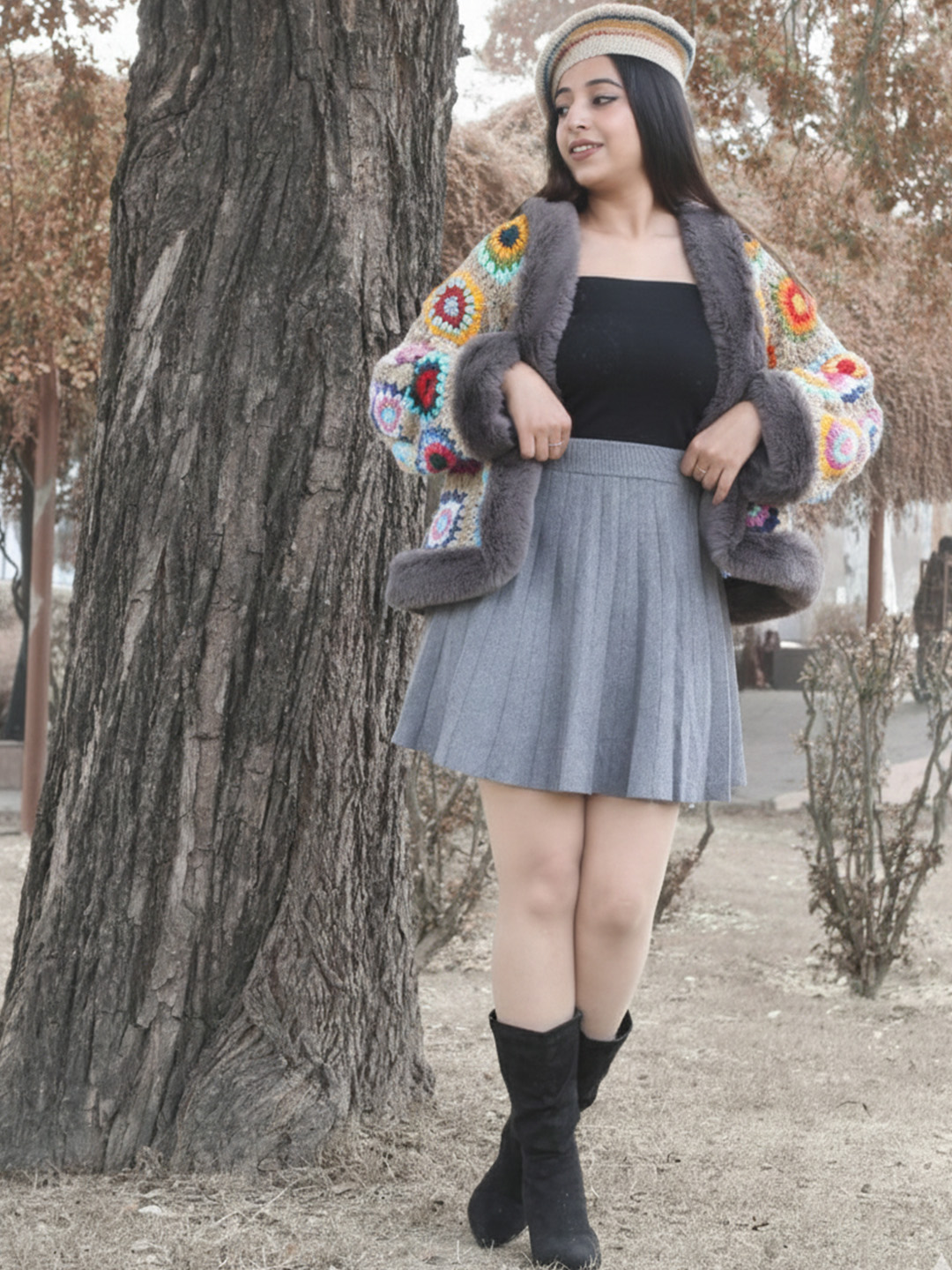 Velvery Crochet Cardigan with Faux Fur Detailing - Beige